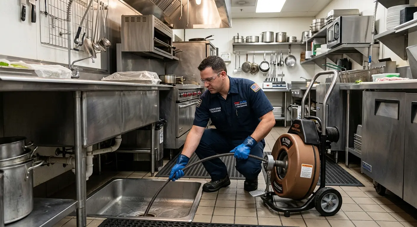 Commercial drain cleaning service in a restaurant kitchen in Woods Creek