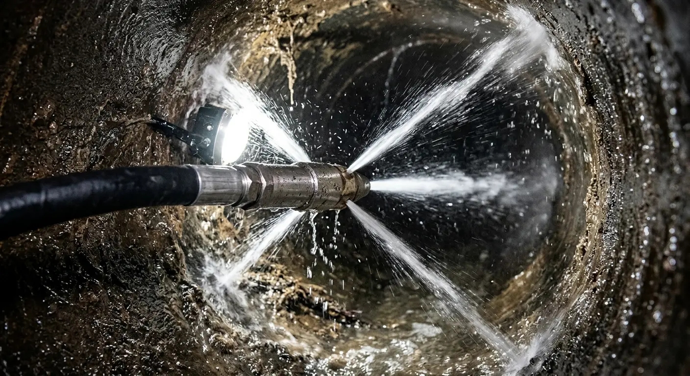 High-pressure hydro jetting nozzle cleaning sewer pipe for Trenchless Sewer Repair in Woods Creek