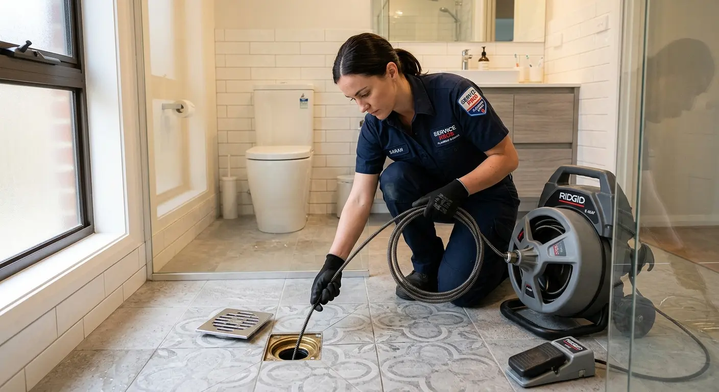 Technician clearing a bathroom floor drain for Drain Cleaning in Woods Creek
